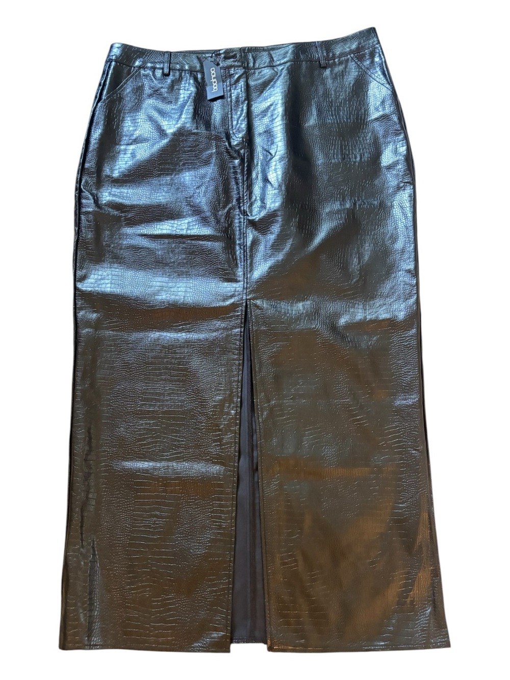 Boohoo Black Faux Leather Pencil Midi Skirt with Front Split Size 16 NWT